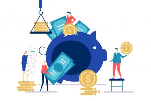 Financial management - flat design style colorful illustration on white background. Composition with male, female characters putting coins into a piggy bank, banknotes, receipt. Money saving concept