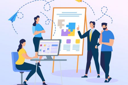 Business Trainer Presentation of Colorful Puzzle Pieces on Flip Board. People Work on Team Building. Creation of Successful Project. Men and Women Characters Working Together. Flat Vector Illustration